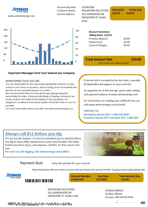 USA Virginia Atmos Energy business utility bill template in Word and PDF formats